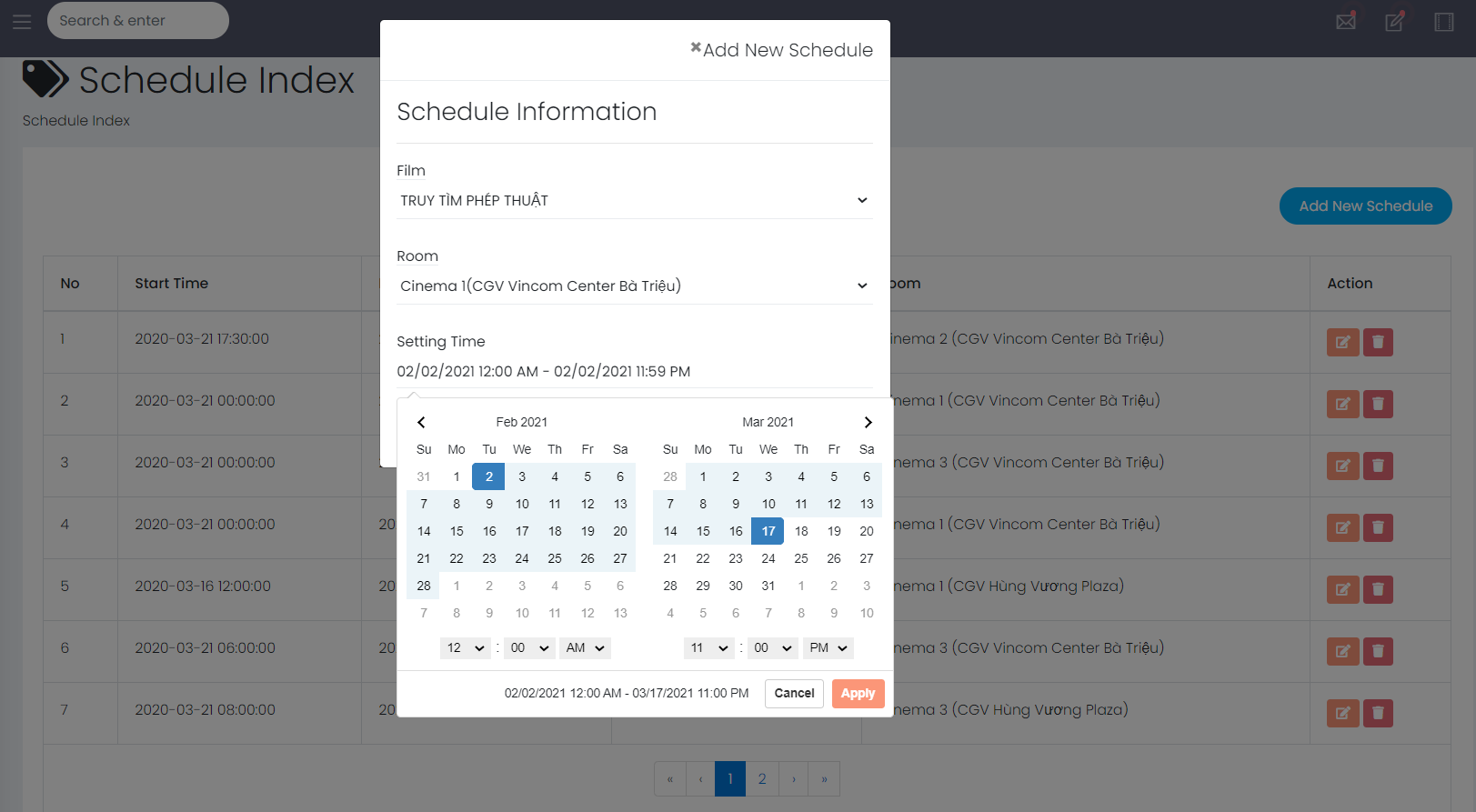 The create schedule display