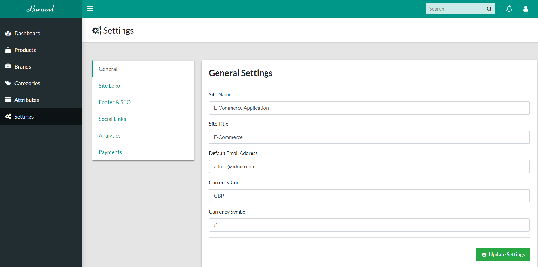 The settings manager display