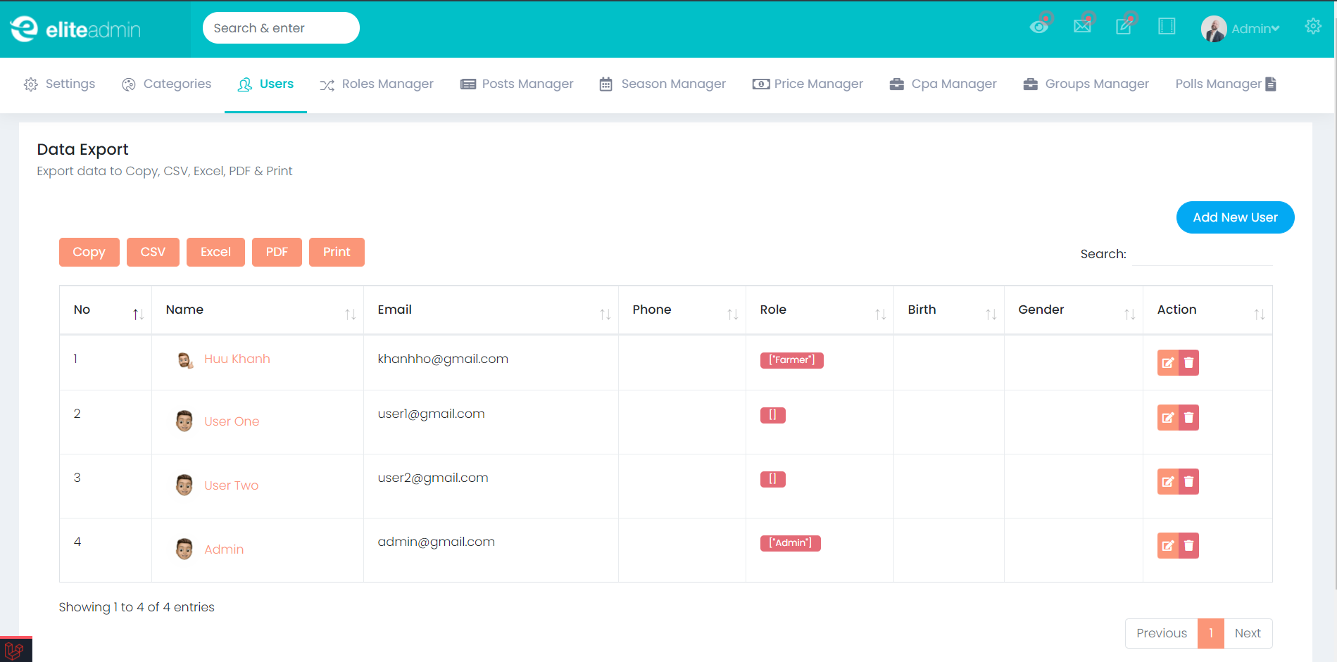 The users manager display